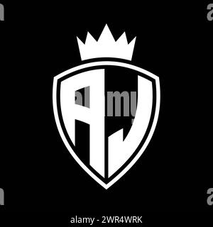 AJ Letter bold monogram with shield and crown outline shape with black ...