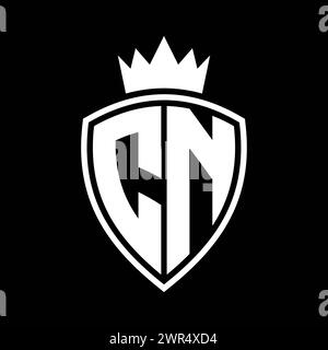 CN Letter bold monogram with shield and crown outline shape with black ...