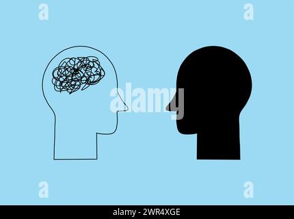 Head sign with doodle line. Problem resolve control. Understand question. Mental problem solving, complicated solution. Simplifying the complex. Confu Stock Vector