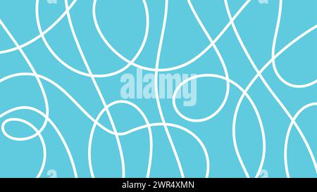 Wide abstract background with hand drawn white line, doodle. Horizontal banner with blue background Stock Vector