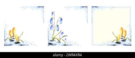 Watercolor painting spring primary flowers blue scylla, crocuses, yellow saffron sprouting through the snow. Melting snow springtime landscape card Stock Photo