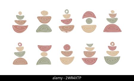 Focus, pause, moment poster set. Collection of motivational drawings isolated on white background. Concept of balance, harmony and prosperity Stock Vector