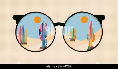 Adventure with cactuses and deserts illustrations in round glasses. Travel badge for t-shirt print, inspirational poster and motivational design Stock Vector