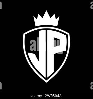 JP Letter bold monogram with shield and crown outline shape with black ...
