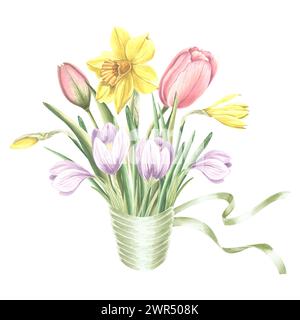 Tulips pink, yellow daffodils and violet crocuses flowers bouquet with silk ribbon. Isolated hand drawn watercolor illustration Blossom of spring gard Stock Photo