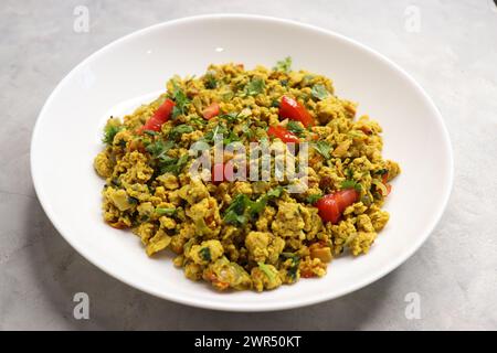 Anda Masala Bhurji or Spicy Indian scrambled eggs with bread or Bun Pav, a popular street food in Mumbai. Served in white plate along with copy space Stock Photo