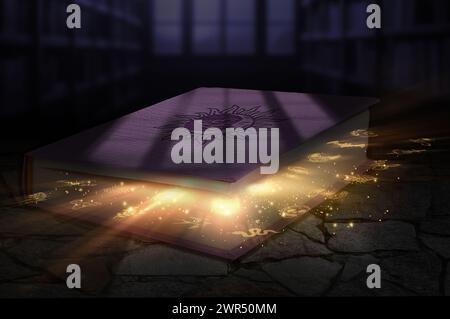 Ancient book of magic on a stone surface with rays of light coming out from the inside towards the night window. Stock Photo