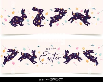 Decorated easter card, Easter folk rabbits for banner. Bunnies, Easter eggs, flowers, posters. flat vector illustrations Stock Vector