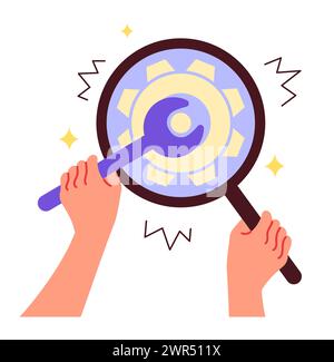 Specialist repairs, adjusts business process with magnifying glass Stock Vector