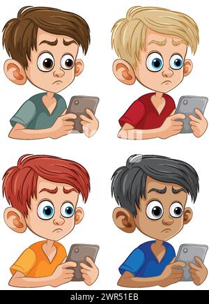 Four cartoon children focused on their smartphones Stock Vector