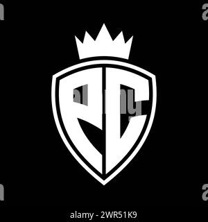PC Letter bold monogram with shield and crown outline shape with black ...