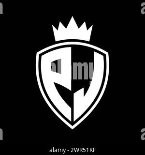 PJ Letter bold monogram with shield and crown outline shape with black ...