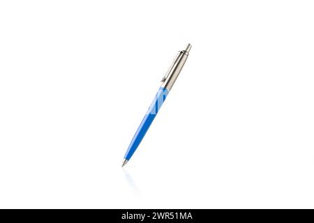 Blue plastic and metal ballpoint pen on white isolated background Stock Photo