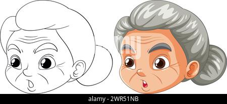 Vector illustration of an elderly woman's face, colored and line art. Stock Vector