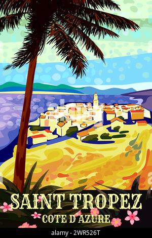 Travel poster Saint Tropez French Cote de l azur coast vintage. Resort, coast, sea Stock Vector