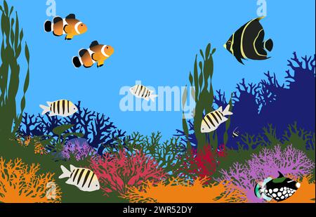 Different species of coral fish, algae and corals. Angelfish, triggerfish, clownfish. Color vector illustration. Stock Vector