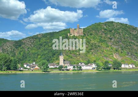 Village of Wellmich at Rhine River with Burg Maus resp. Mouse Castle,Rhine Gorge,Germany Stock Photo