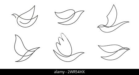 Vector set of monoline, line hand drawn bird logos. Flying dove, pigeon freedom illustrations. Sketches, symbols isolated. Stock Vector