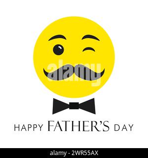 Happy Father's Day trendy greeting card. Cute web face icon with mustache. Winking emoticon. Social media poster. Internet network timeline post. Stock Vector