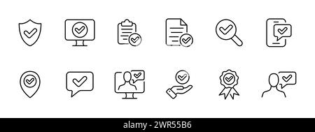 Verification set icon. Verified files, documents, computers, people, services, chats, search, phones, equipment, protection, verification. Verified co Stock Vector