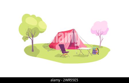 Forest tourist camp with tent, folding table and chair. Camping chair and table. Glamping resorts. Adventure tourism and travel. Campsite surrounded by trees. Bushcraft and backpacking. Vector illustration Stock Vector