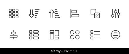 Tile set icon. Tiles, up arrow, down arrow, graphs, two points, one of them is shaded, settings sliders, infographics, points, tiles, circles, tasks, Stock Vector
