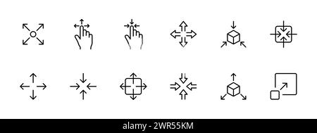Mouse set icon. Scatter, full screen, focus, move, picture in picture, mouse cursor, simple lines. Concept of gathering and dissolving.  Vector icon o Stock Vector