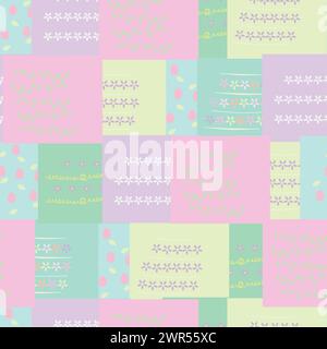 Repeat pattern with easter themed, pastel coloured patchwork vector artwork. Stock Vector