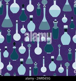 Vector hand drawn potion flasks and bottles seamless pattern, perfect for spooky events and themes. Stock Vector