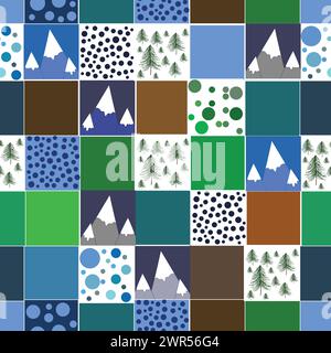 Repeat pattern with patchwork blanket and mountains vector artwork. Stock Vector