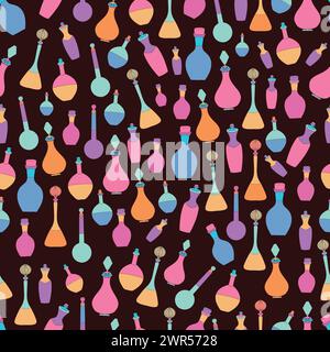 Vector hand drawn potion flasks and bottles seamless pattern, perfect for spooky events and themes. Stock Vector