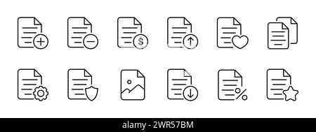 File set icon. Deleting, sending, blocking, reading, searching for files. Photos and finances in files, settings, configuring, download, upload. Worki Stock Vector