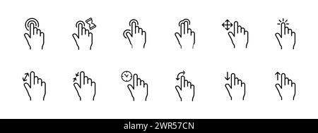 Gestures set icon. The hand clicks, holds, clicks with two fingers, expands, narrows, twirls, scrolls down and up. Gesture control concept.  Vector ic Stock Vector