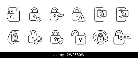 Lock set icon. Protection, selection, key, insecure lock, locked, unlocked, locked phone. Verification, configuration, password synchronization  Vecto Stock Vector