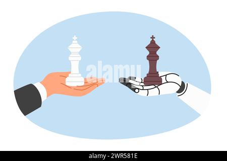 Chess kings in hands of human and robot, competing in strategic planning and management knowledge Stock Vector