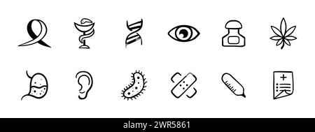 Cancer set icon. The fight against AIDS and cancer, medicine, DNA, eye, medicine, foliage, cancerous tumor, ear, bacterium, patch, document.  Vector i Stock Vector