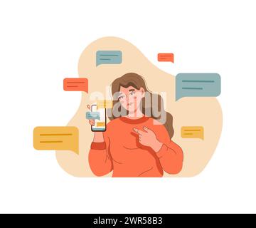 Woman blogger shows phone with messages or comments written by subscribers from social networks Stock Vector
