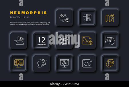 Navigation set icon. Flag, globe, monitor, book, map, compass, destination, internet maps, news reports, magnifying glass. Travel working with maps co Stock Vector