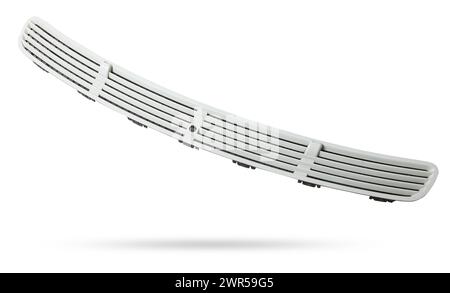 Hood ventilation grille with windscreen washer in black on white isolated background. Used spare parts from junkyard catalog. Stock Photo