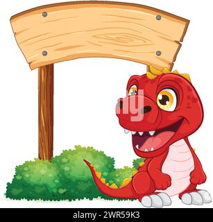 Red cartoon dinosaur smiling beside a blank sign Stock Vector