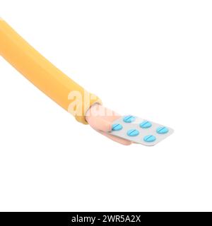 3d render. Pack of pills icon. Doctor or pharmacist cartoon hand with black skin holding drugs. Medical healthcare illustration.3D rendering on white Stock Photo