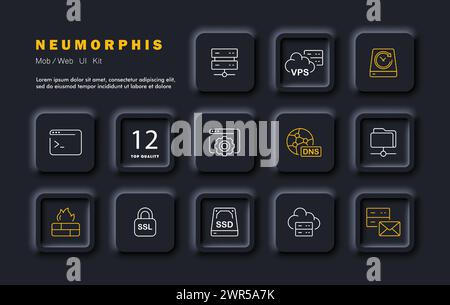 Website set icon. Website, console, firewall, files, dns, servers, ssd, ssl, sending and receiving letters, data storage, vps, cloud service, hosting, Stock Vector