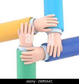 Cartoon Gesture Icon Mockup.Four diverse men holding each others wrists. Top view. 3D rendering on white background. Stock Photo