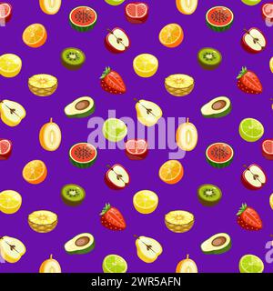 Seamless pattern with half fruits and berries on violet Vector background Stock Vector