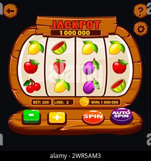 The vector slot machine is wooden with buttons and fruit icons. Casino Fortune, Spin Wheel for Gambling. Stock Vector