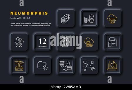Mining set icon. Cloud, password, protection, bitcoin, flash drive, file, calculator, percentage, profit configuration uploading to cloud connections Stock Vector