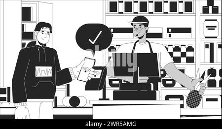 Supermarket checkout wireless black and white line illustration Stock Vector