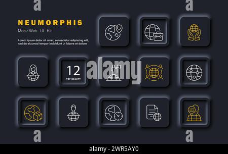 Globe set icon. Reporting, delivery around the world, heads of countries, meeting, time zone, world discussions, travel, articles, documents. Neomorph Stock Vector