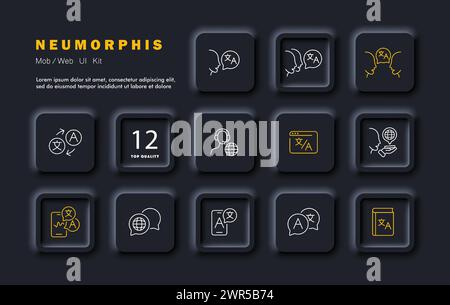 Translator set icon. Translator, support, voice translation, communication in different languages, dictionary, picture translation, website translatio Stock Vector