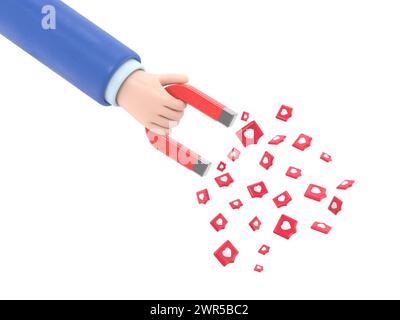 Human hand holding magnet with pin hearts. Concept of concept of attracting an audience. SMM metaphor, revealing the concept of followers.3D rendering Stock Photo